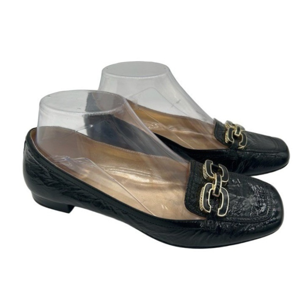 Coach Loafers Women's Size 6.5 Black Patent Leather Shoes Gold Chain Logo